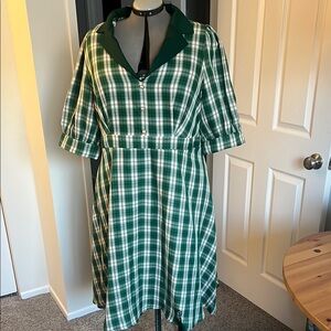 Green plaid fit & flare dress with pearl buttons
